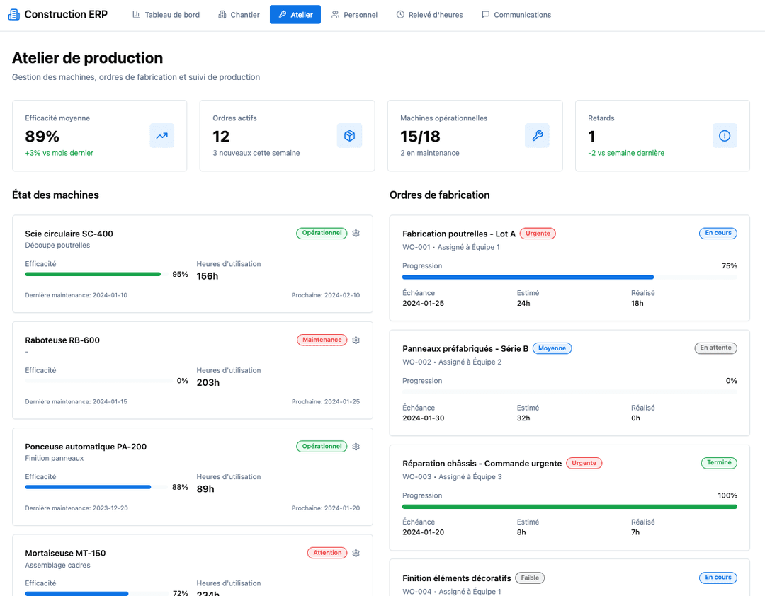 Atelier, commandes, stocks